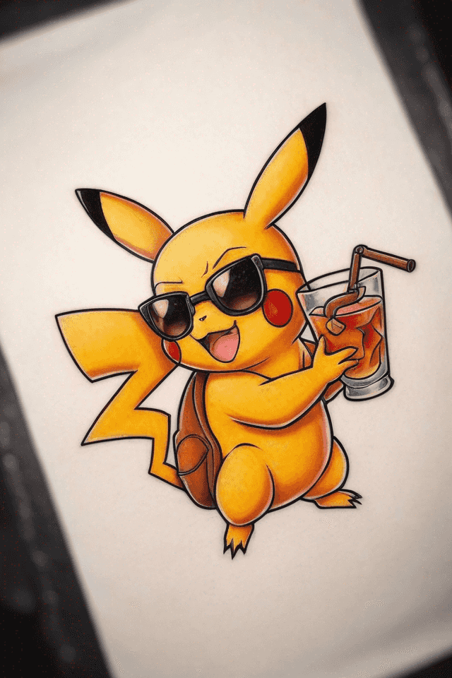 pikachu with sunglasses and a cocktail, smooking a cigar,