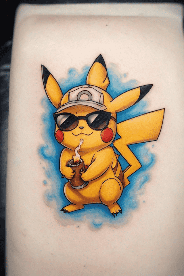 pikachu with sunglasses and smoking a cigar,