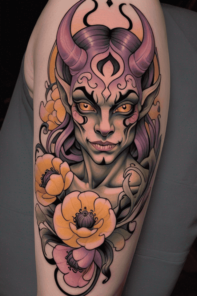 a demon with enchanted garden palette - lilac, pale pink, buttercup yellow, sage green, soft gray