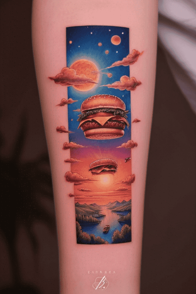 flying burger in the sky at sunset