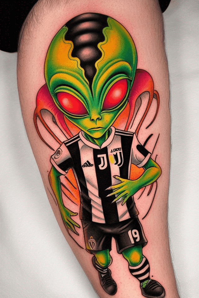 alien wearing Juventus soccer team uniform