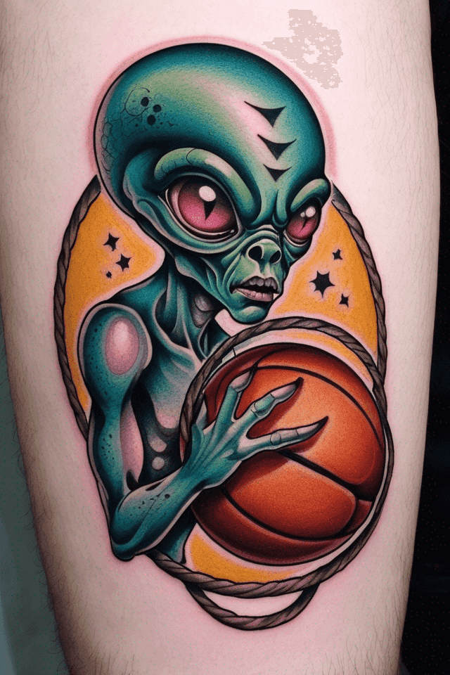 an alien with basket ball