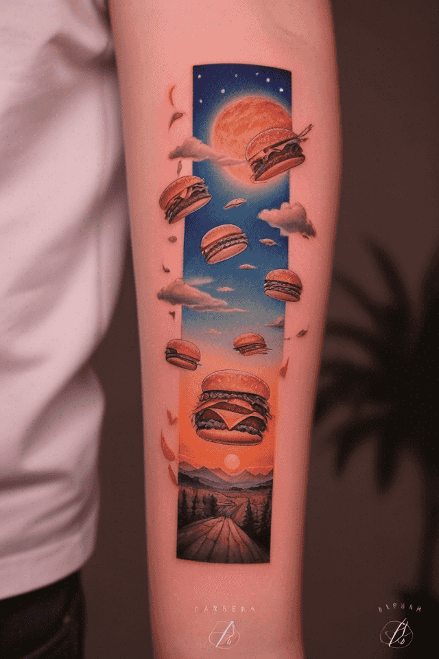 flying burgers in the sky at sunset