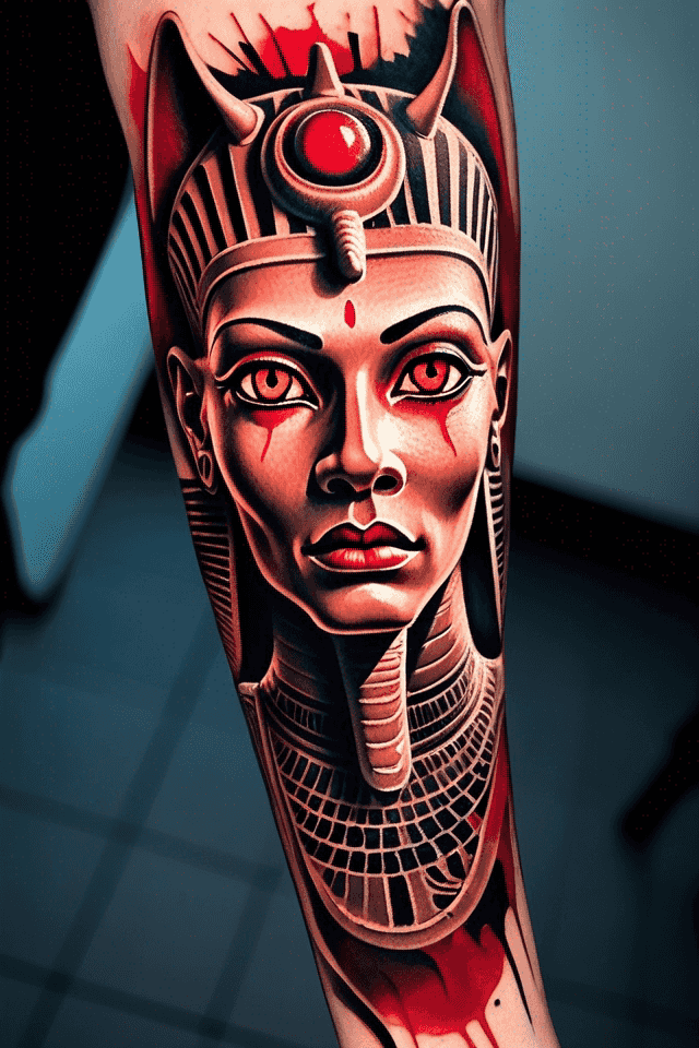 Egyptian demon sphinx with red bright eyes and blood in mouth