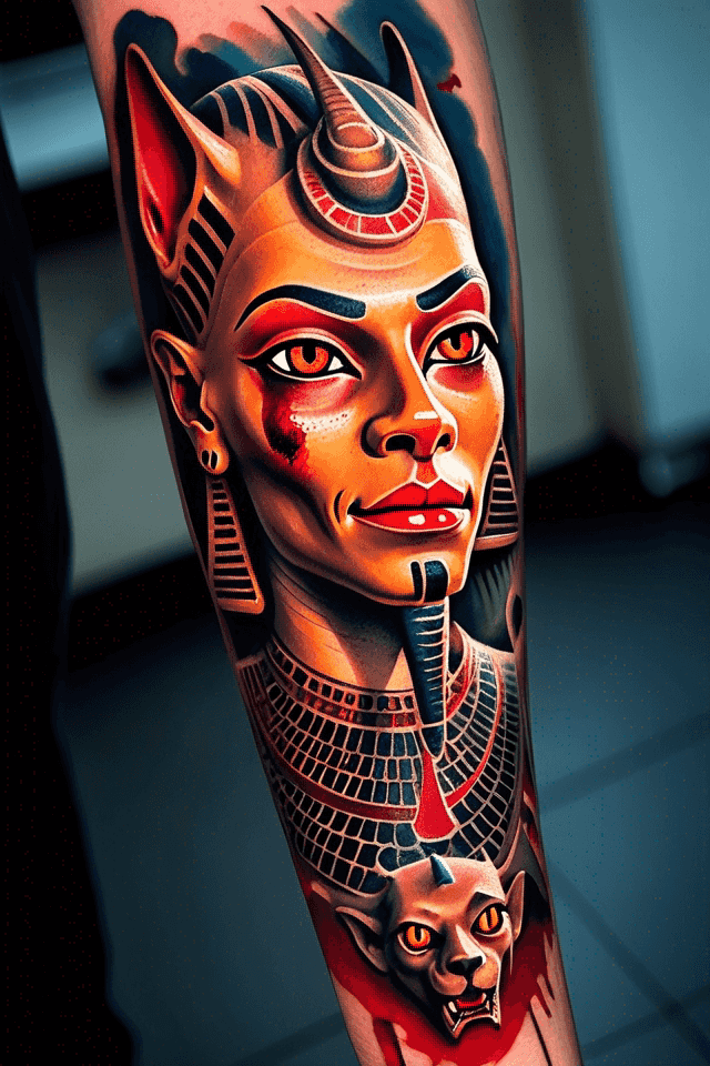 Egyptian demon sphinx with red eyes and blood in mouth