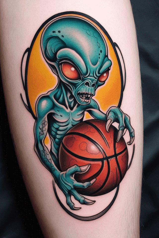 an alien with basket ball