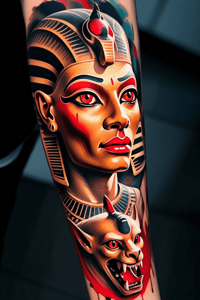 Egyptian demon sphinx with red bright eyes and blood in mouth