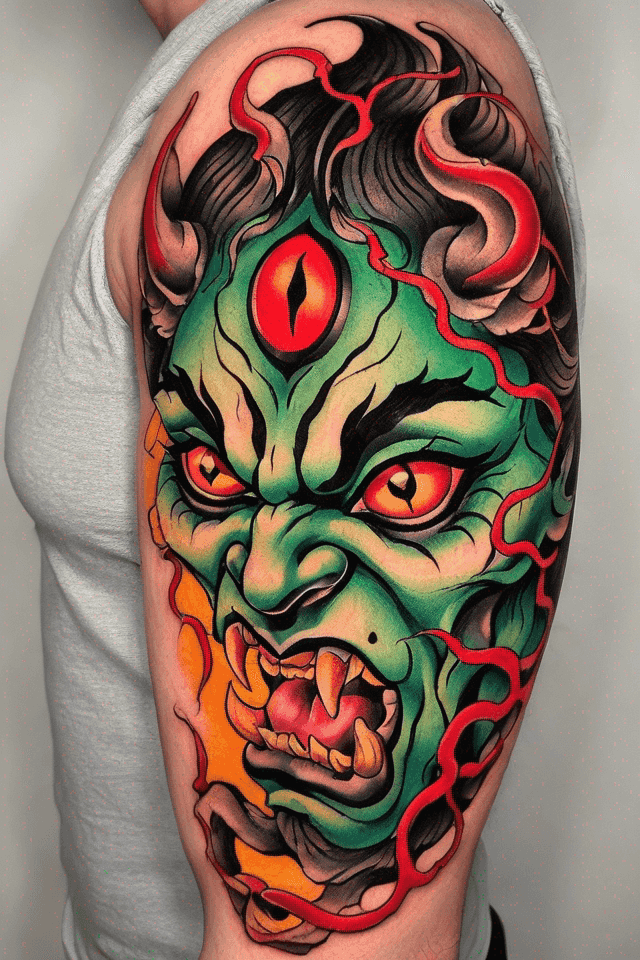 A green demon with red eyes