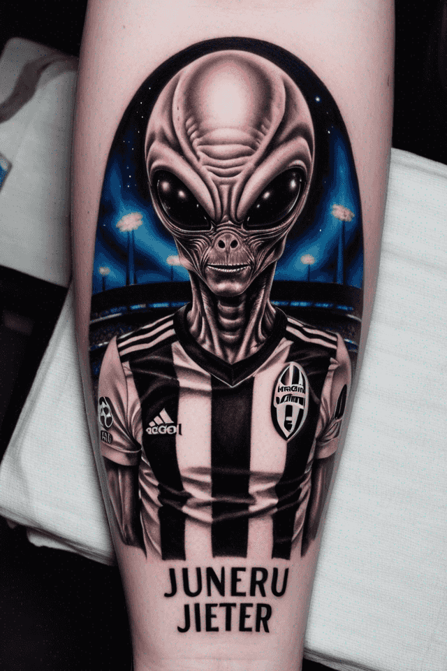 alien wearing Juventus soccer team uniform