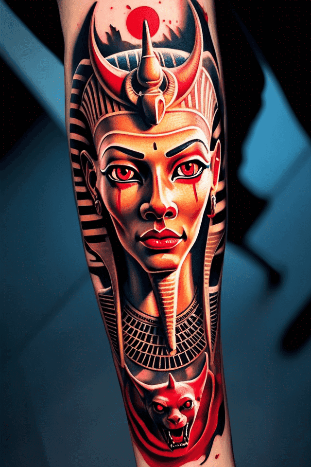 Egyptian demon sphinx with red eyes and blood in mouth