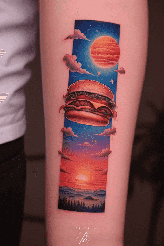 flying burger in the sky at sunset