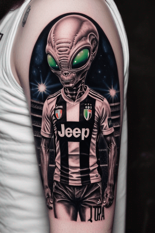 alien wearing Juventus soccer team uniform