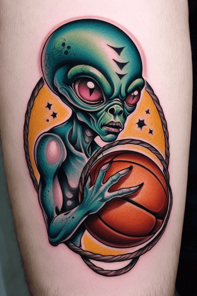 an alien with basket ball