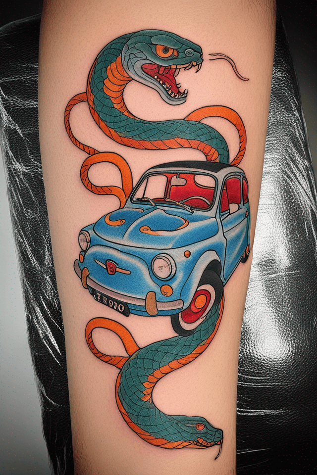 una fiat 500, un serpente,