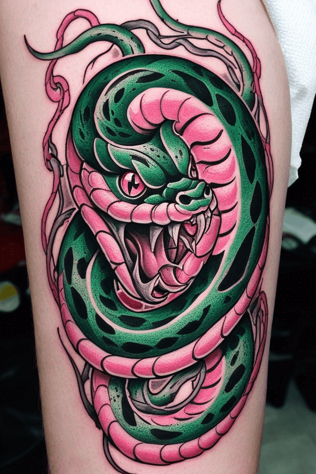 a snake green and pink