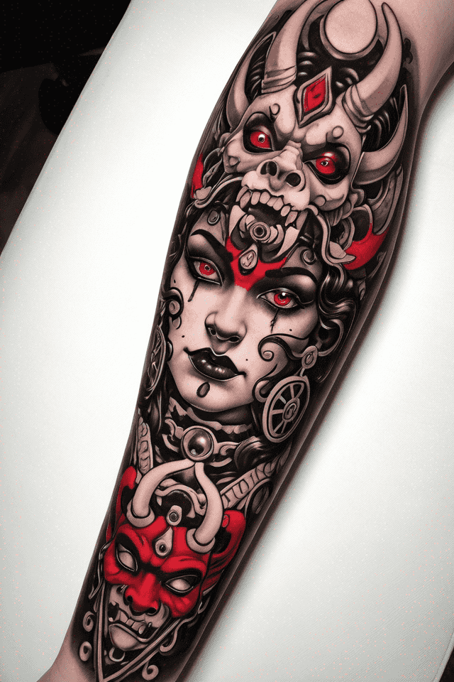 half a woman's face between a split Oni mask