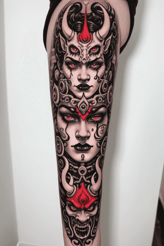 half a woman's face between a split Oni mask