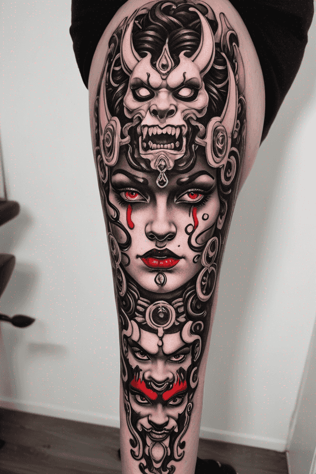 half a woman's face between a split Oni mask