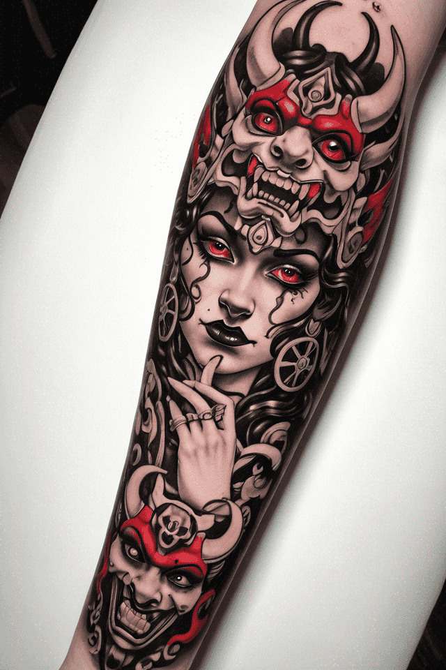 half a woman's face between a split Oni mask