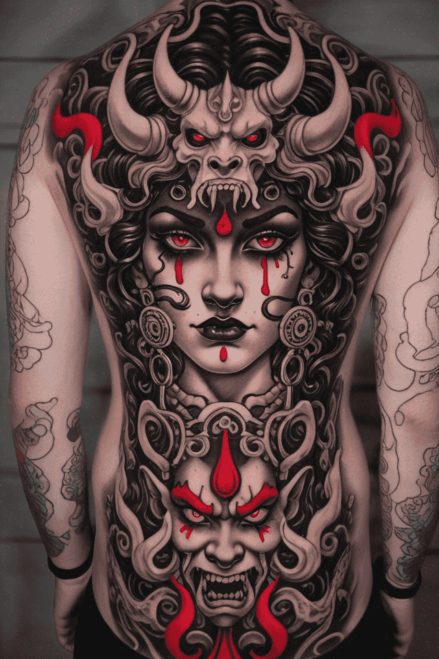 half a woman's face between a split Oni mask