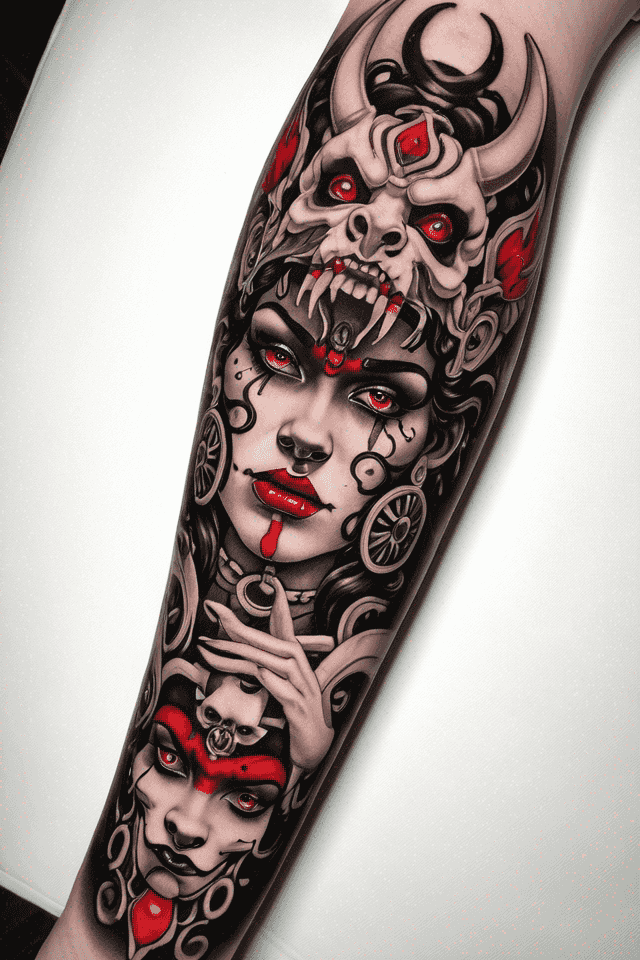 half a woman's face between a split Oni mask