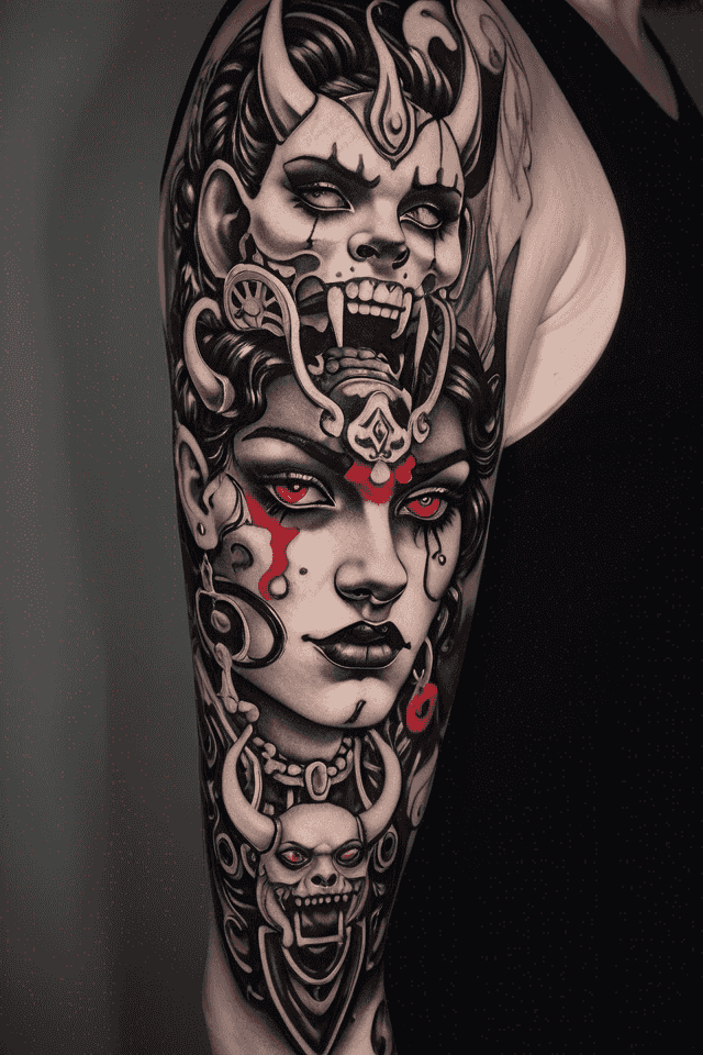 half a woman's face between a split Oni mask