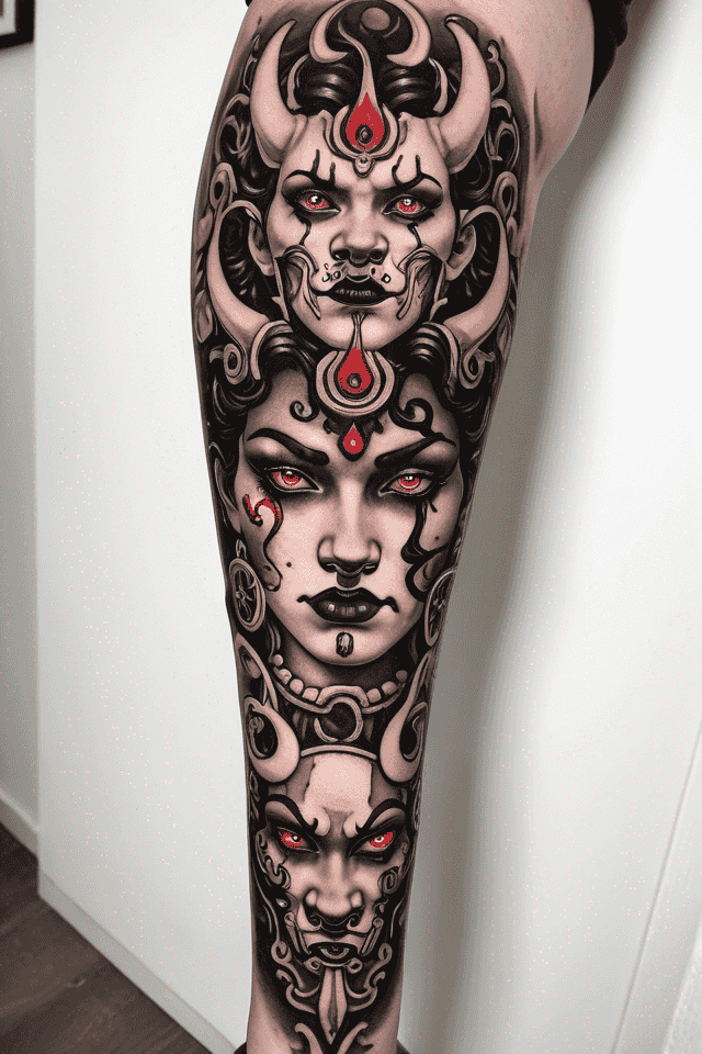 half a woman's face between a split Oni mask